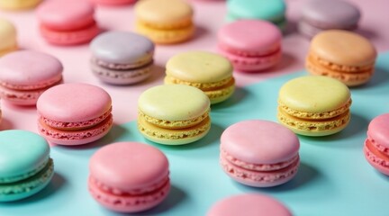 Obraz premium A delightful arrangement of pastel-colored macarons, showcasing a variety of delicate shades and flavors, artfully positioned on a two-toned surface.