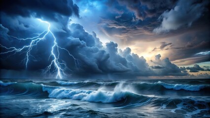 Fototapeta premium Dark stormy night with lightning flashing over the ocean waves, turbulent, nighttime, turbulent, nighttime
