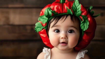 A baby wearing a tiny tomato costume for a fun photo shoot, adorable chubby cheeks, vibrant red hues, joyful playful expression, ultra-detailed portrait photography