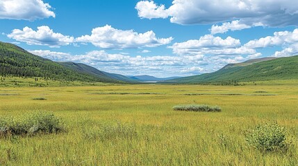 Serene Meadow Landscape Under a Blue Sky with Rolling Hills