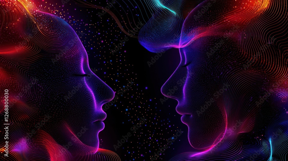 Poster dynamic portraits of two faces in vibrant colors and patterns