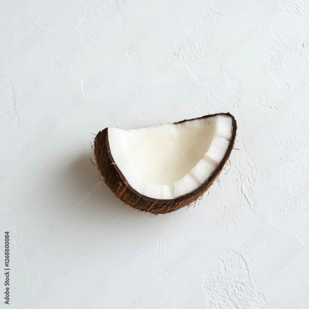 Poster fresh coconut slice showcasing smooth white flesh and natural brown shell on a light textured backgr