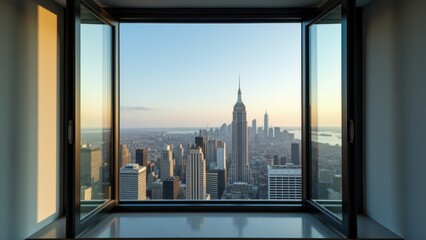 Open casement window, Urban skyline open steel casement window clear city view.