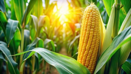 A ear of corn on the cob grows in a vibrant green cultivated cornfield with tall golden yellow stalks and lush green leaves surrounding it, crop, plant life