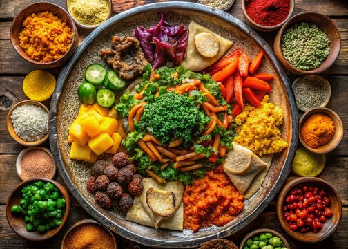 Aerial View of Vibrant Ethiopian Injera Platter with Stews & Vegetables