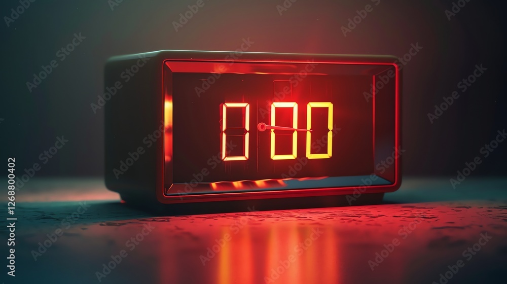 Poster a retro flip clock with glowing red numbers sits on a reflective surface. the clock reads 00:00.