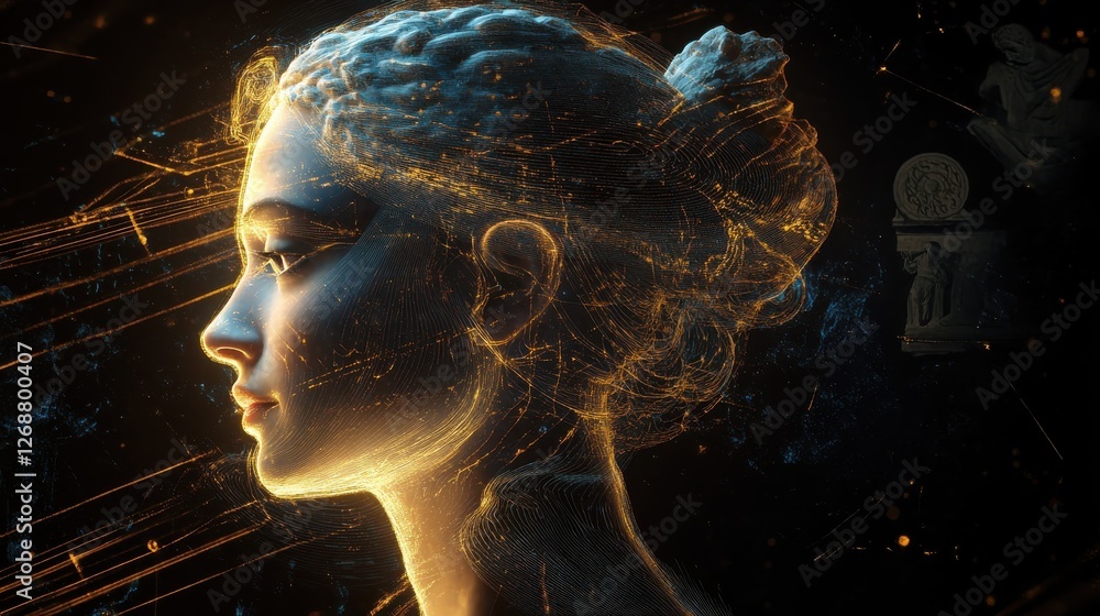 Poster Serene profile visualization of a woman in a mystical setting with glowing outlines and intricate details