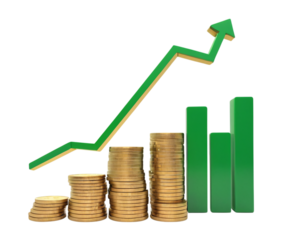 Financial Growth Chart – Stacks of Gold Coins, Upward Arrow, Green Bar Graph, Calculator, 3D Render, Investment Concept, Wealth Accumulation, Stock Market Gains, Business Analytics, Economic Success