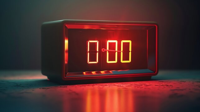 A retro flip clock with glowing red numbers sits on a reflective surface. The clock reads 00:00. - Powered by Adobe