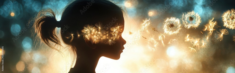 Aufkleber silhouette of a child surrounded by dandelion seeds at sunset in a tranquil garden setting