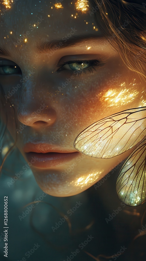 Aufkleber serene portrait of a woman's glowing face adorned with ethereal light and delicate wings set in a tr