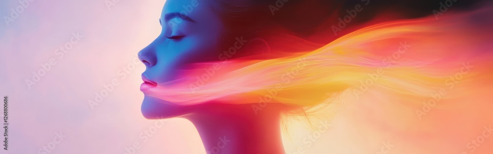 Poster woman radiating serenity with flowing colors at dusk in a tranquil setting