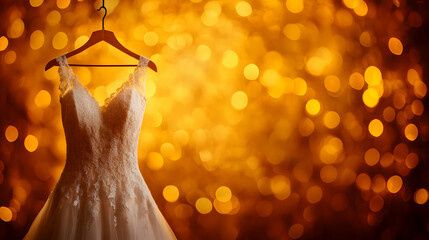 Elegant wedding dress hanging against a warm, glowing backdrop for bridal inspiration.