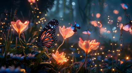Fototapeta premium Enchanted garden at twilight with butterflies