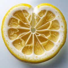 A Zest for Love: A Heart-Shaped Lemon Slice, Revealing its Juicy Interior and Vibrant Yellow Hue, a Symbol of Sweet and Sour Affection.
