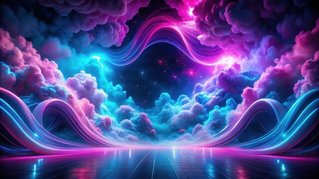 Swirling clouds of pink and blue neons dance across a dark canvas, creating an otherworldly atmosphere that evokes feelings of futuristic wonder , blue hue, pink background