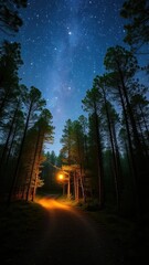 Forest path under starry sky with a single lantern, forest, woodland, lantern