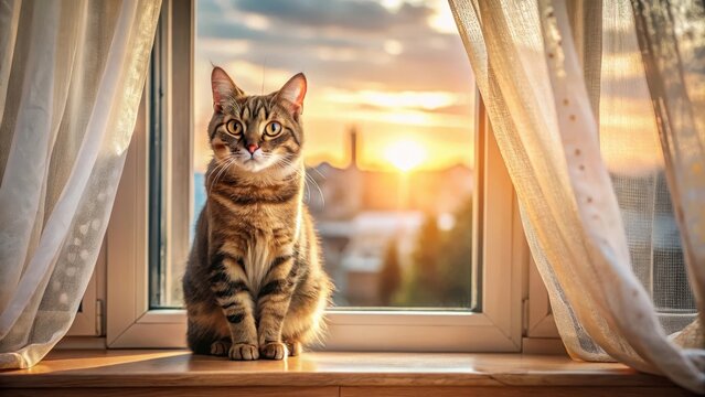 A big-eyed feline with a mischievous grin, sitting on a windowsill surrounded by open curtains, gazing outside at the sunrise, window view, furry companion