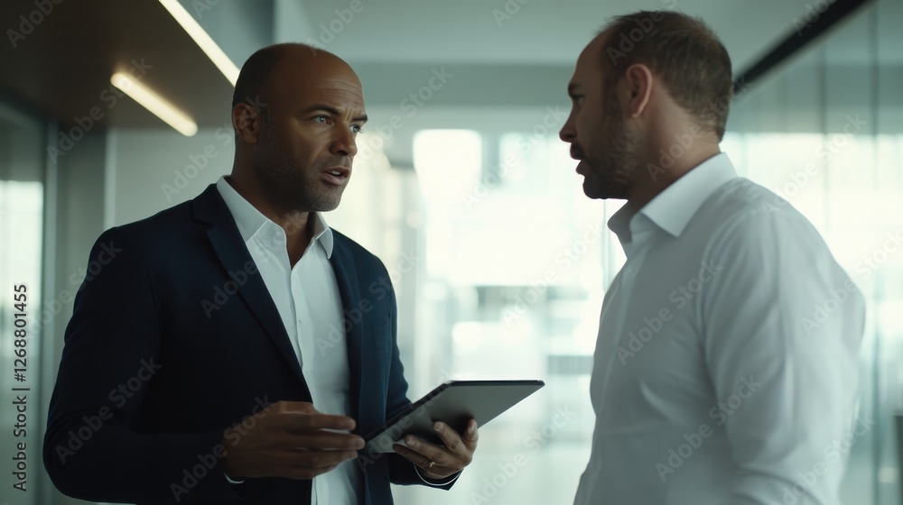 Poster professional conversation between two men in a modern office setting discussing business strategies 