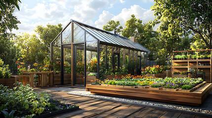 modern rooftop greenhouse with modular furniture and vibrant edible plants, surrounded by lush greenery and sunlight