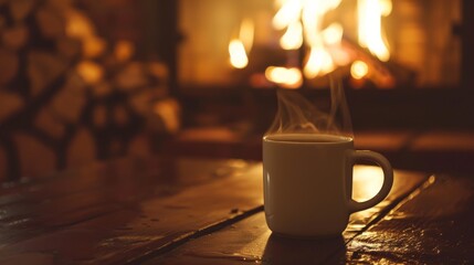Coffee cup in front of a fireplace, creating a cozy scene