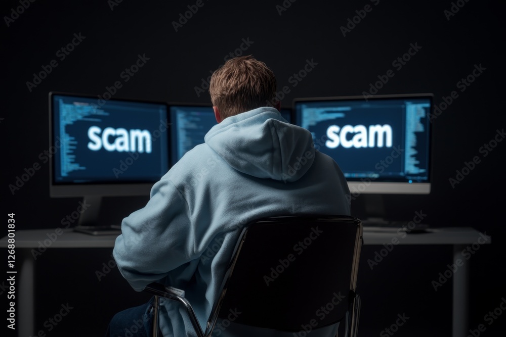 Poster individual in hoodie focused on multiple computer screens displaying scam alerts in a dimly lit room