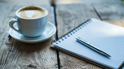 Coffee cup on a desk with a notepad and pen