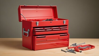 Red tool box with square compartments with screws and dowels