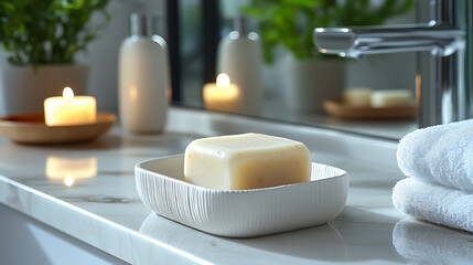 Simple and elegant bathroom setting features a soap dish with soap, a candle, and towels on the countertop, showcasing a serene atmosphere for relaxation and personal care. Generative AI