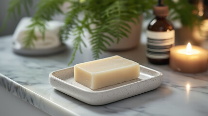 Simple soap on a beige plate with a calming ambiance in a serene setting showcasing natural decor and warm lighting. Generative AI