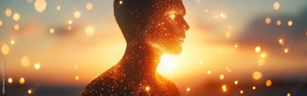 Poster mystical silhouette of a man illuminated by a golden sunset with sparkling elements and ethereal bac