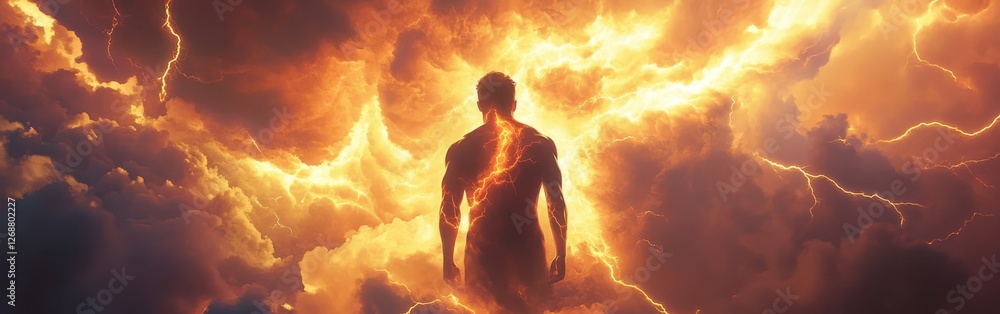 Poster Mans silhouette surrounded by mystical lightning and swirling clouds at dusk in a dramatic display of light and energy