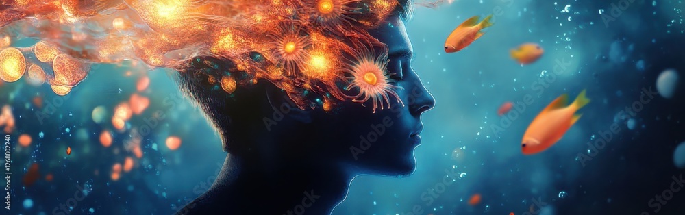 Poster mystical profile of a man filled with vibrant underwater scenery and glowing elements conveying a su