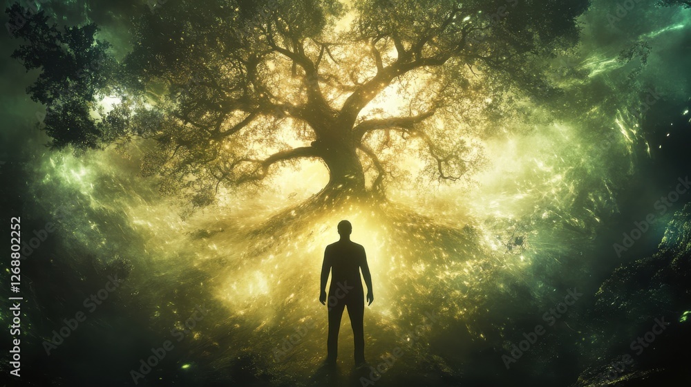 Aufkleber mystical silhouette of a man standing before a glowing tree in an enchanted forest at twilight