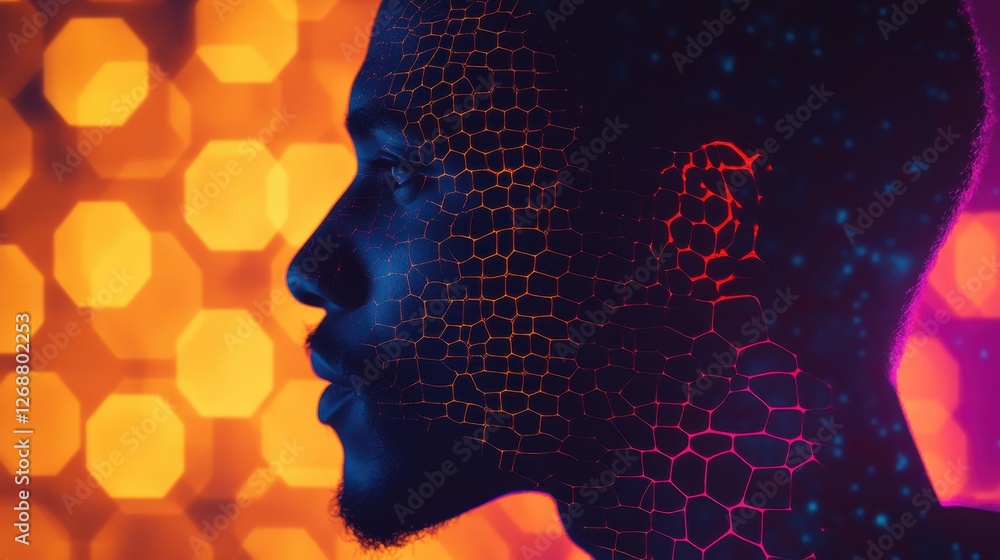 Poster Mystical profile of a man filled with vibrant patterns against an orange hexagonal backdrop