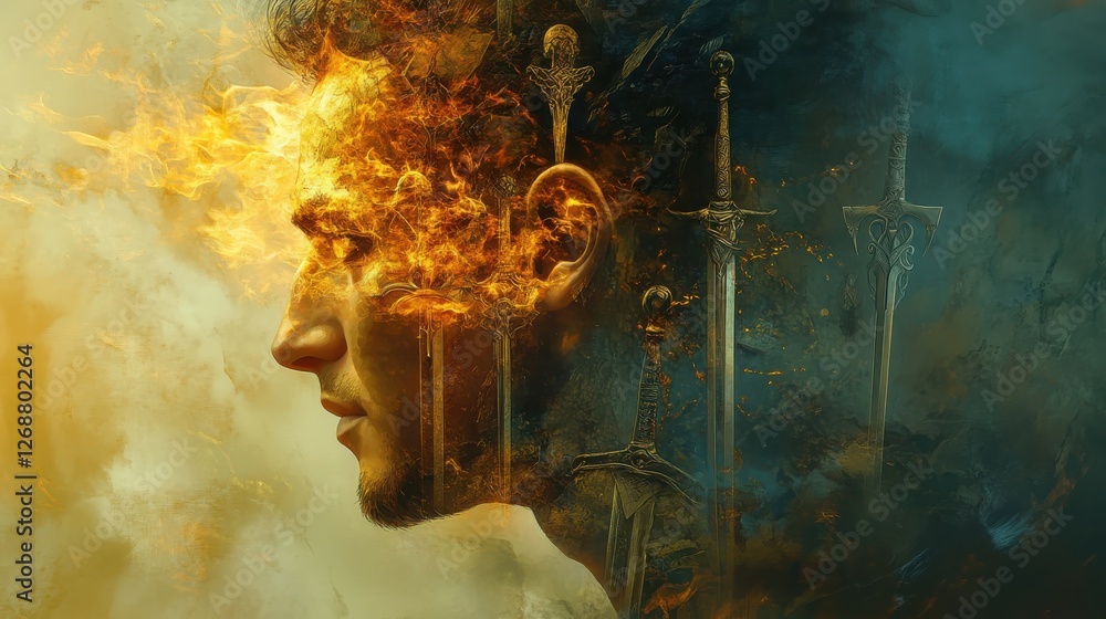 Aufkleber Mystical profile of a man filled with flames and swords representing inner battles and strength