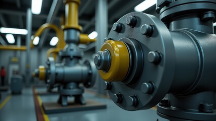 Overflow valve, Refinery plant control panels and piping overflow valve in foreground photorealistic