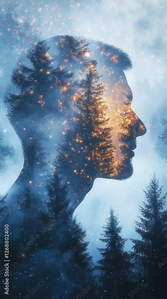 Poster mystical profile of a man surrounded by trees and light in a dreamlike forest setting
