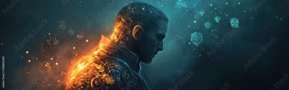 Poster mystical depiction of a man's profile filled with vibrant colors and ethereal symbols showcasing a b