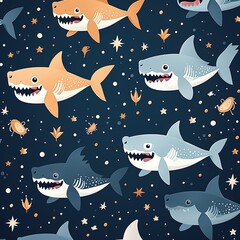 Abstract Flat Vector Illustration of Sharks Swimming in a Seamless Pattern