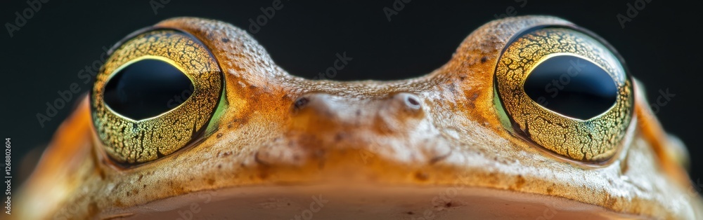 Poster Macro view of a frog's face capturing intricate details of its eyes and skin texture in natural light