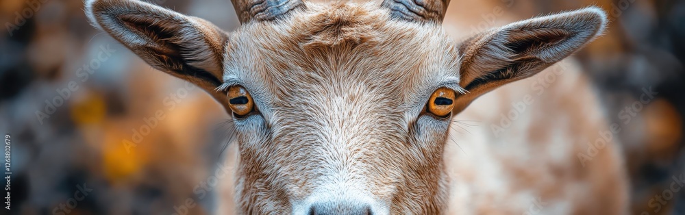 Poster Close-up view of a goat's face highlighting its expressive eyes and textured fur in a natural setting