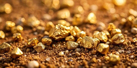 Close-up of rough dirt with small gold nuggets scattered around, revealing tiny fragments of precious metal in a natural setting , natural wonders, geological formations