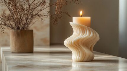 Decorative candle casting warm light on a marble table beside a dried flower arrangement in a serene indoor setting during the afternoon. Generative AI
