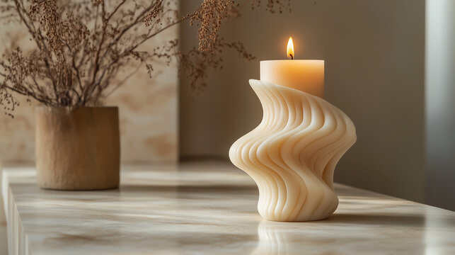 Decorative candle casting warm light on a marble table beside a dried flower arrangement in a serene indoor setting during the afternoon. Generative AI