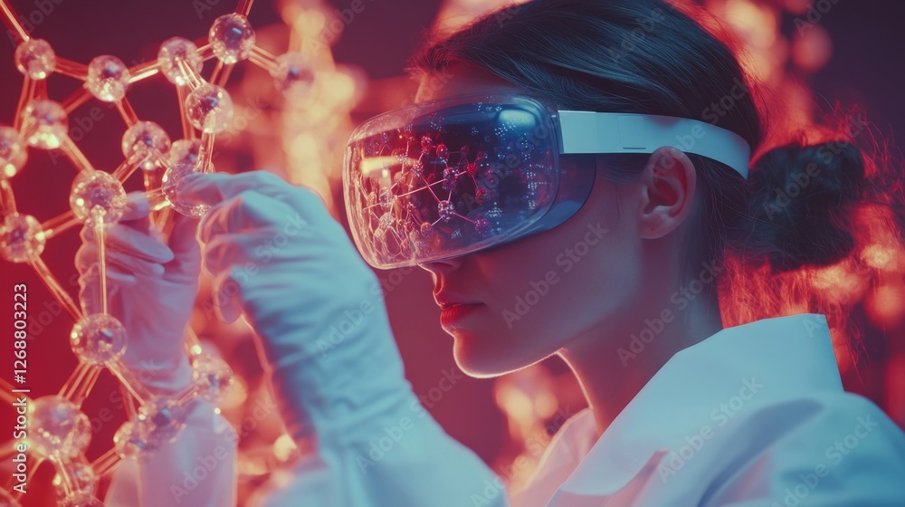 Poster scientist examining molecular structures with virtual reality technology