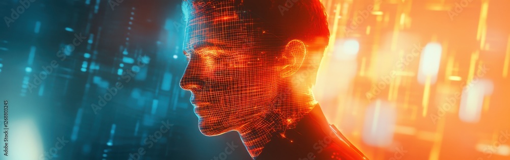 Poster dynamic profile of a man's face filled with vibrant digital patterns and colors representing technol