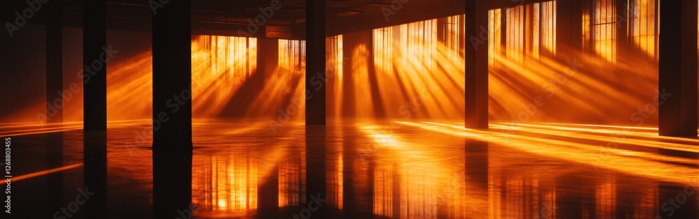 Poster cinematic space illuminated by golden rays of light casting long shadows on a reflective surface dur