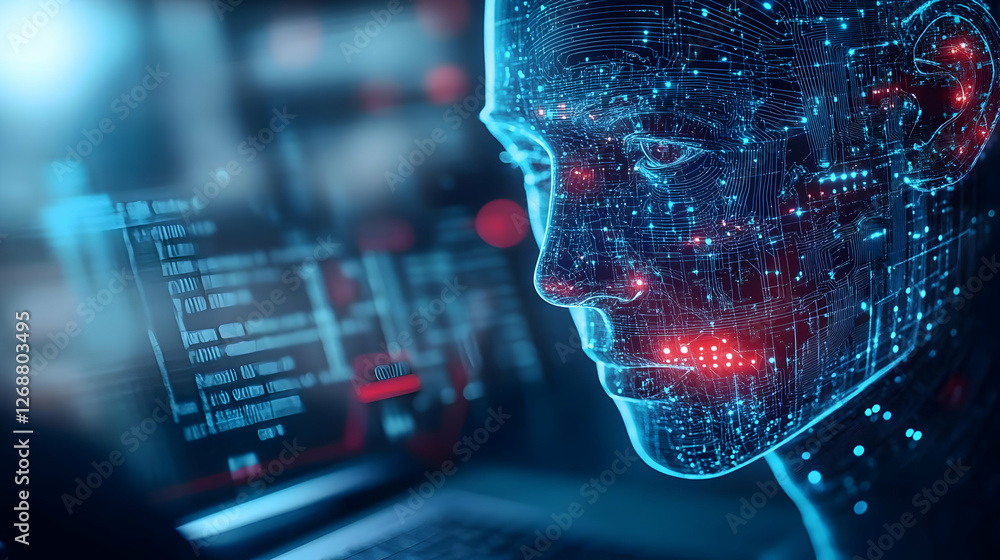 Poster futuristic robotic face blending technology and artificial intelligence concepts.