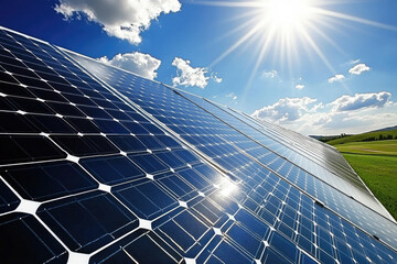 Vast Solar Panel Array Under Bright Sunlight and Blue Sky